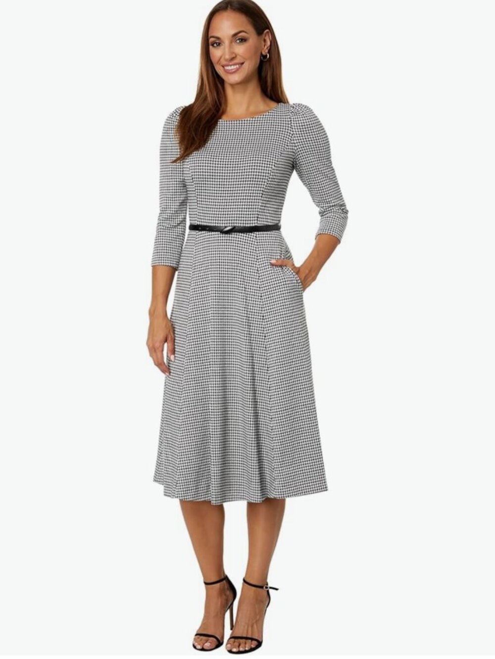 Calvin Klein Houndstooth A-Line Belted 3/4 Sleeves Ponte Knit Dress - Women's 14